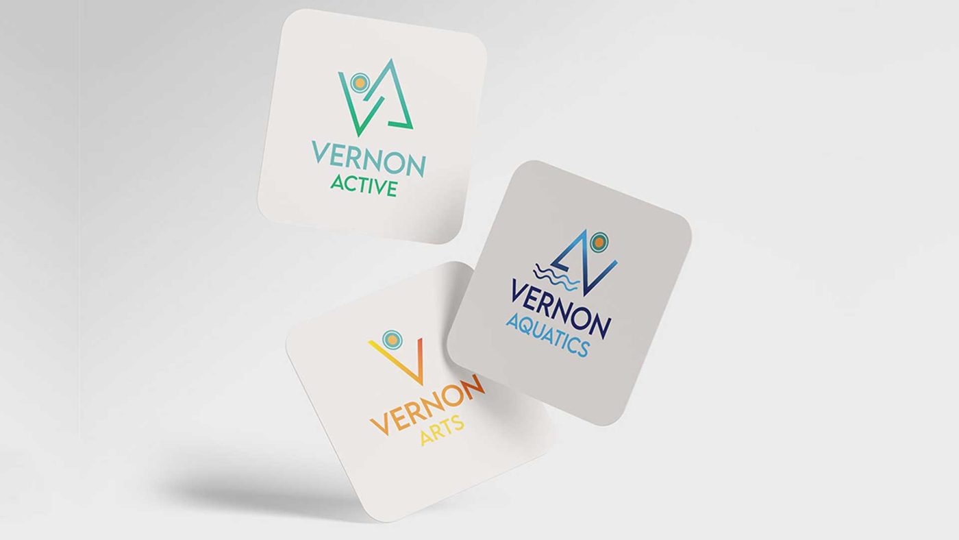 Student brand identity project: Vernon Active, Aquatics and Arts logo cards