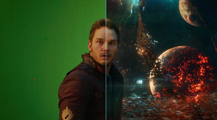 Chris Pratt in front of a green screen for Guardians of the Galaxy